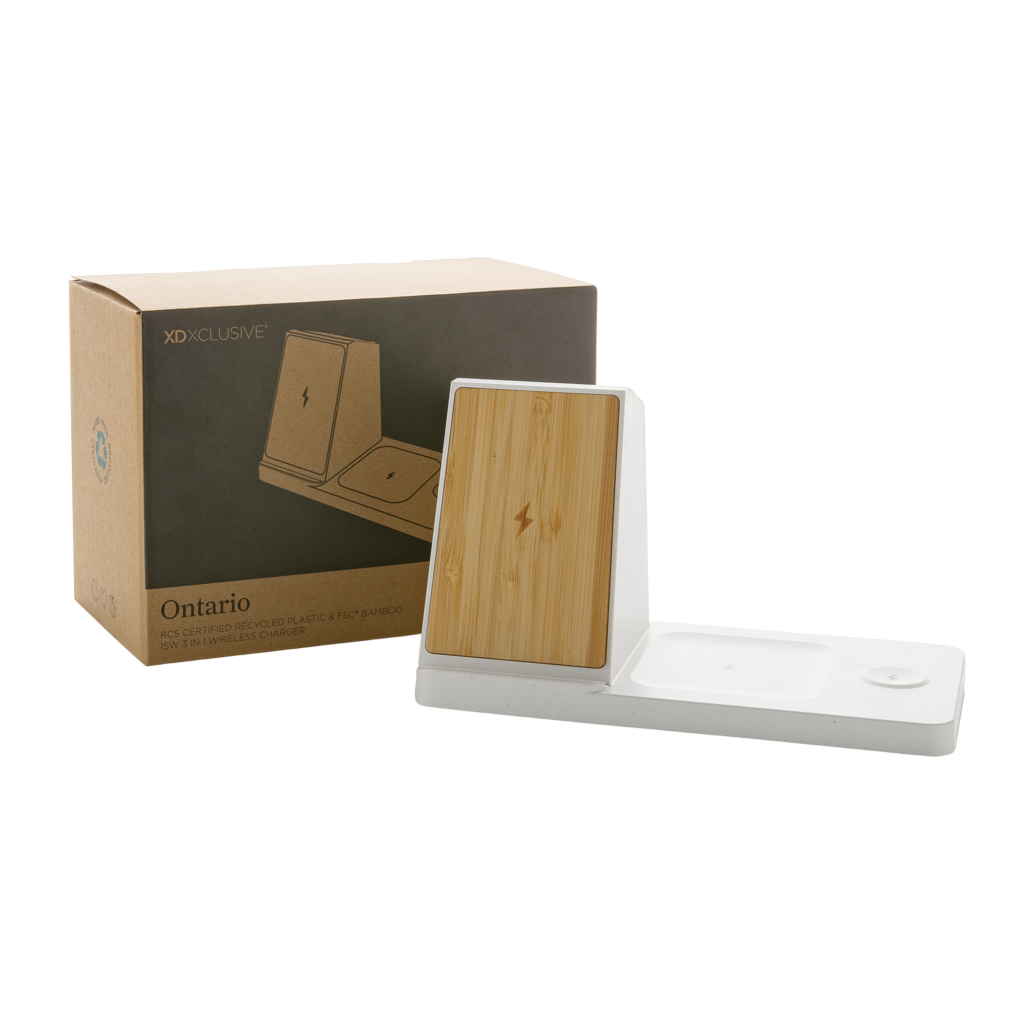 Ontario recycled plastic & bamboo 3-in-1 wireless charger