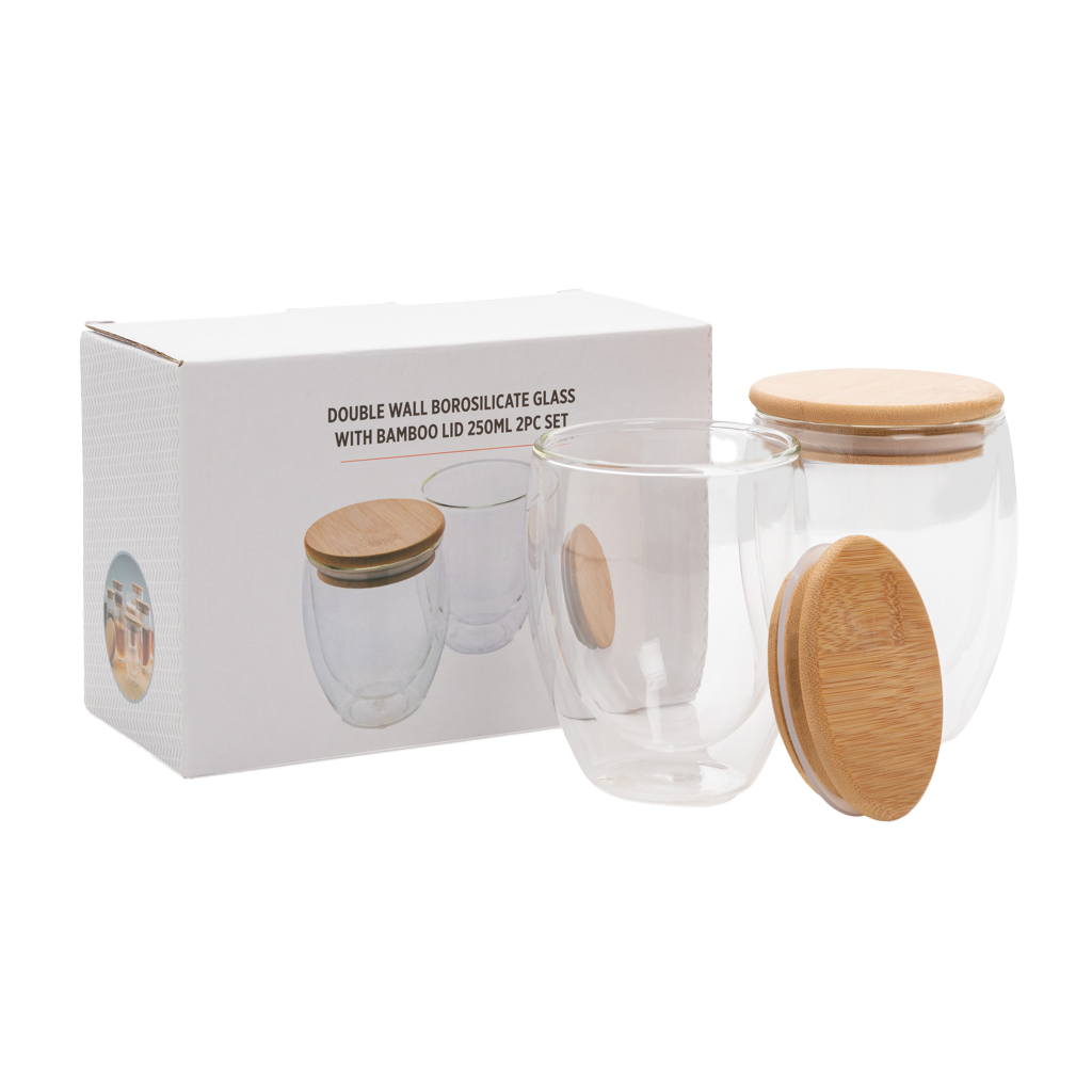 Double wall borosilicate glass with bamboo lid 250ml 2pc set