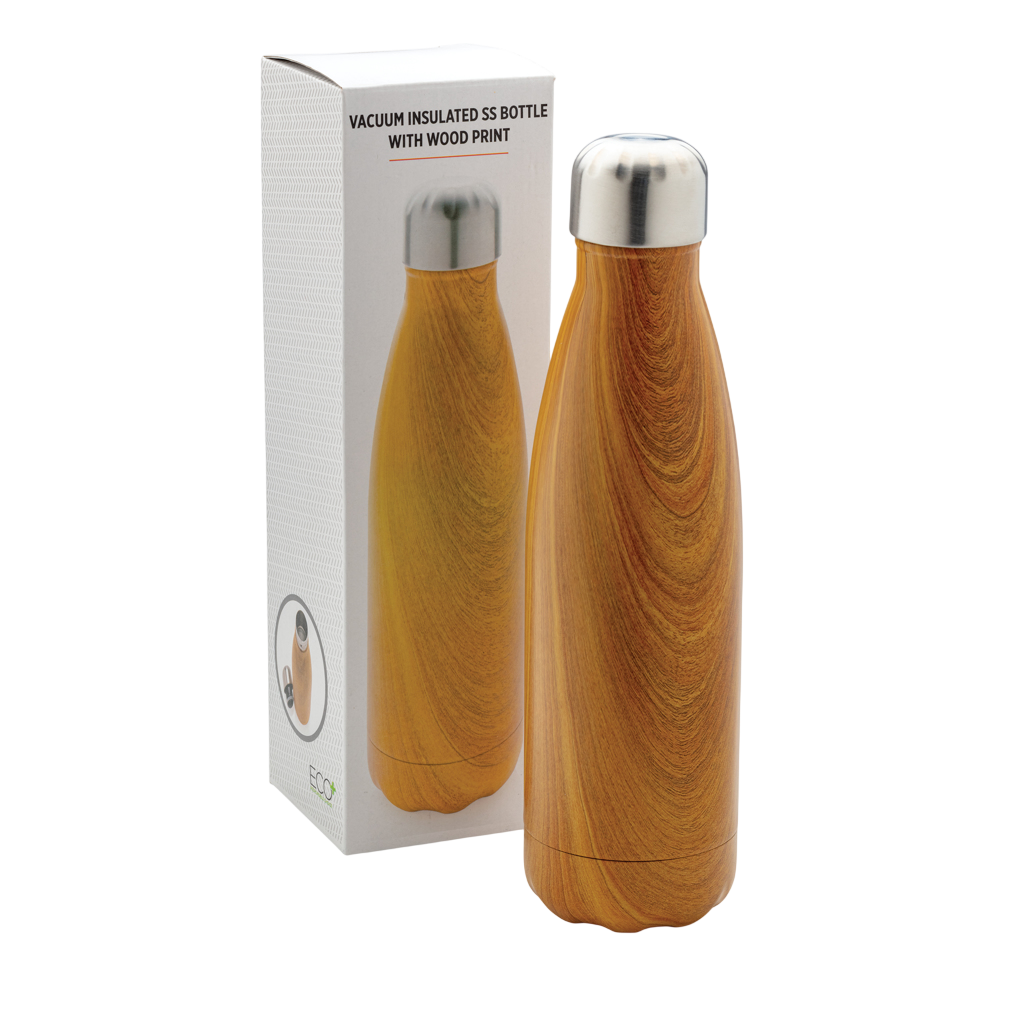 Vacuum insulated stainless steel bottle with wood print