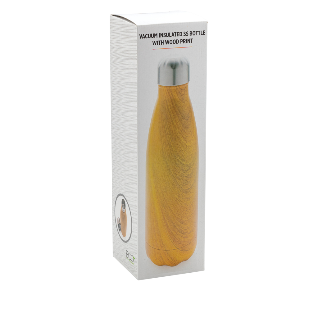 Vacuum insulated stainless steel bottle with wood print