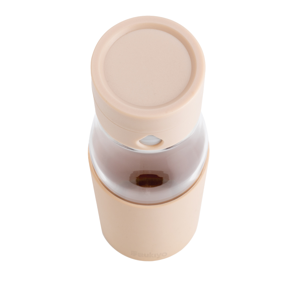 Ukiyo glass hydration tracking bottle with sleeve