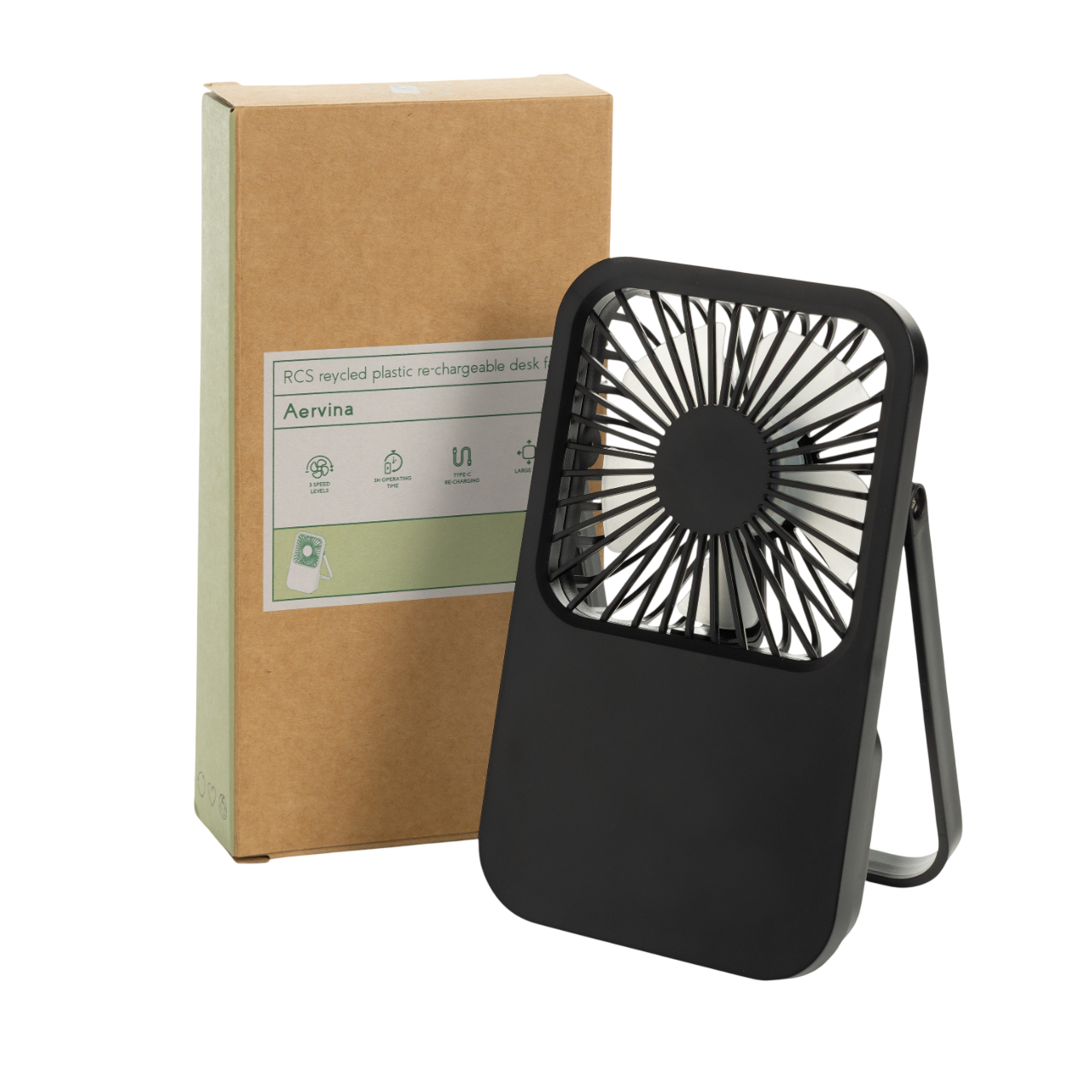 Aervina RCS recycled plastic re-chargeable desk fan