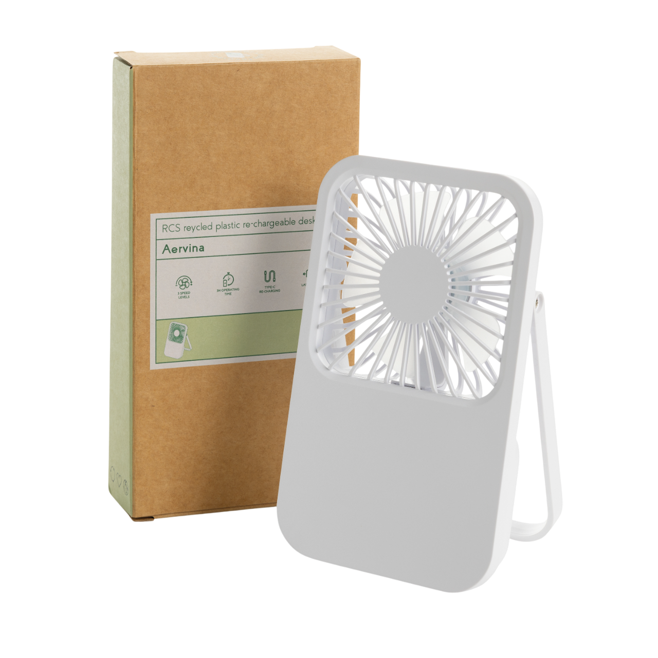 Aervina RCS recycled plastic re-chargeable desk fan