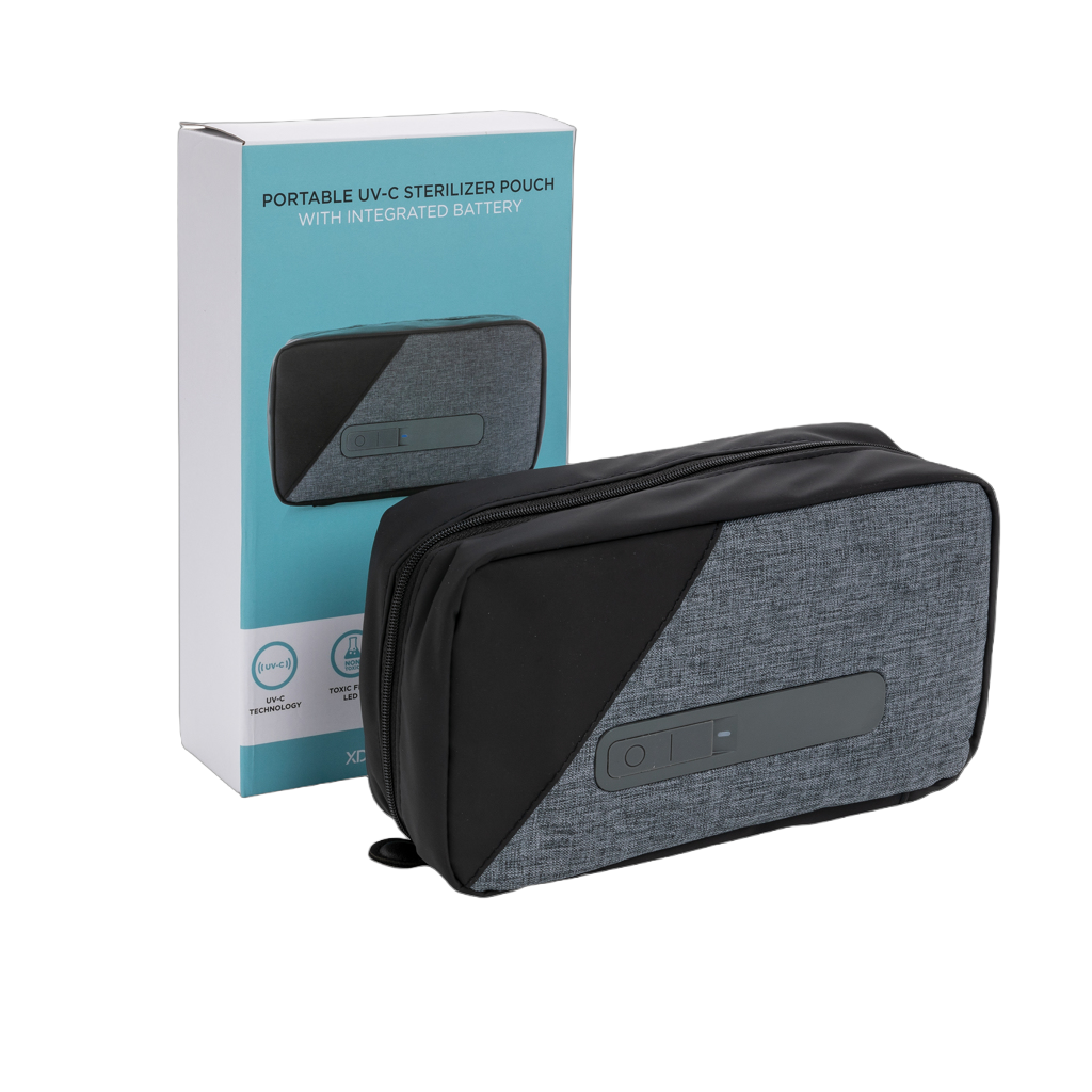 Portable UV-C steriliser pouch with integrated battery