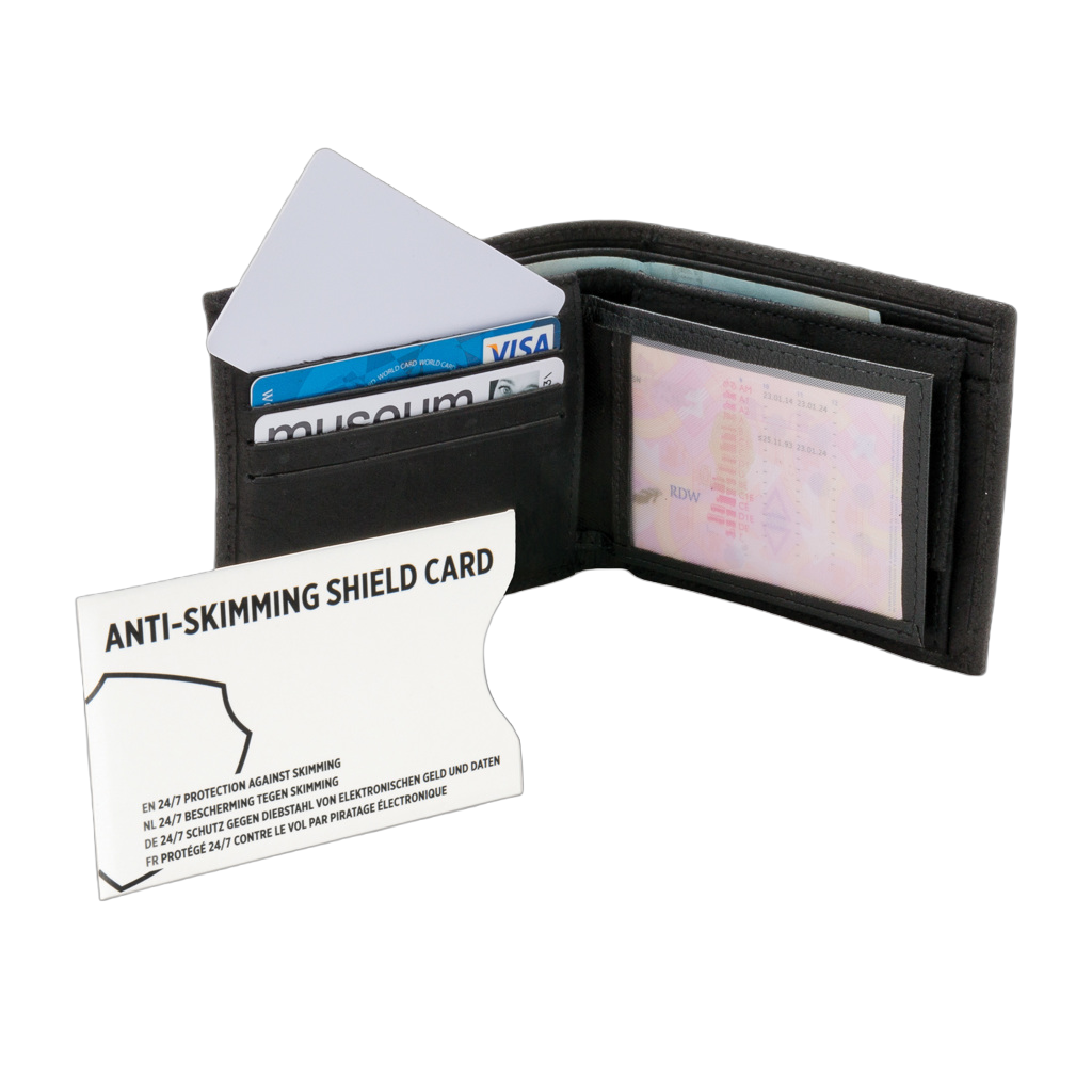 Anti-skimming RFID shield card with active jamming chip