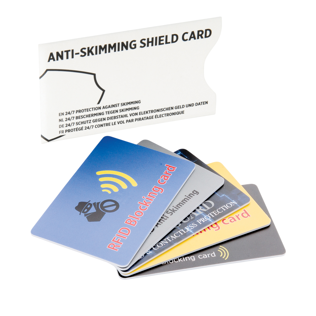 Anti-skimming RFID shield card with active jamming chip